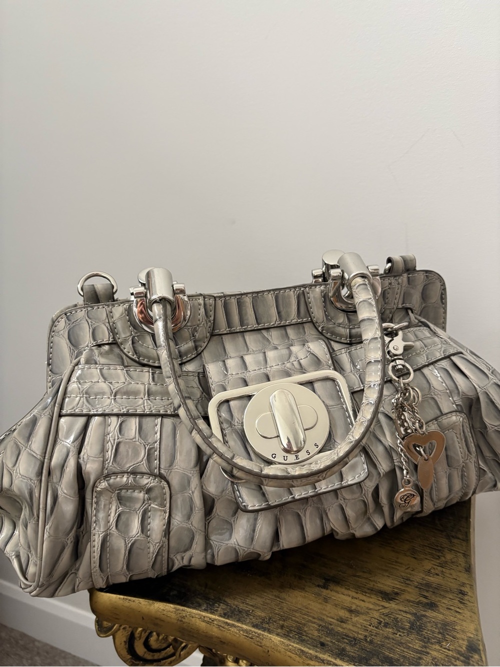 Y2K Guess Silver Croc-Embossed Satchel with Charm Hardware - Picture 2 of 5